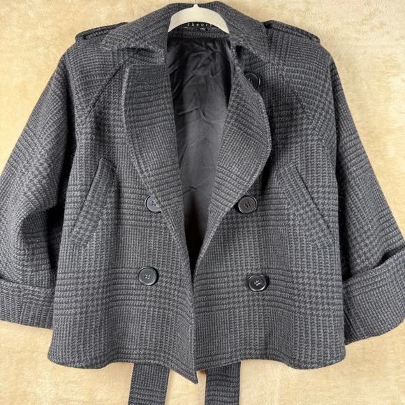 Theory Quinn Shan Grey Houndstooth Wool Cashmere Belted Cropped Peacoat Jacket S - Picture 3 of 12